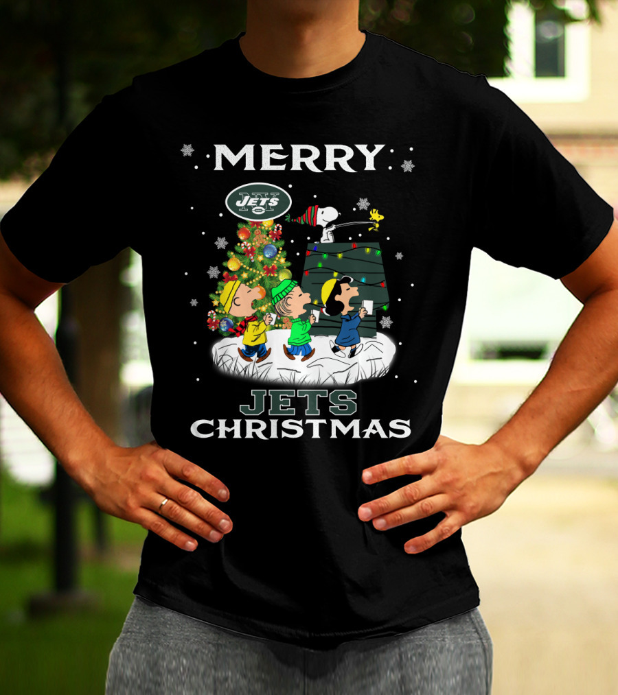 Merry Jets Christmas New York Snoopy Fans Peanuts Tree T-Shirt