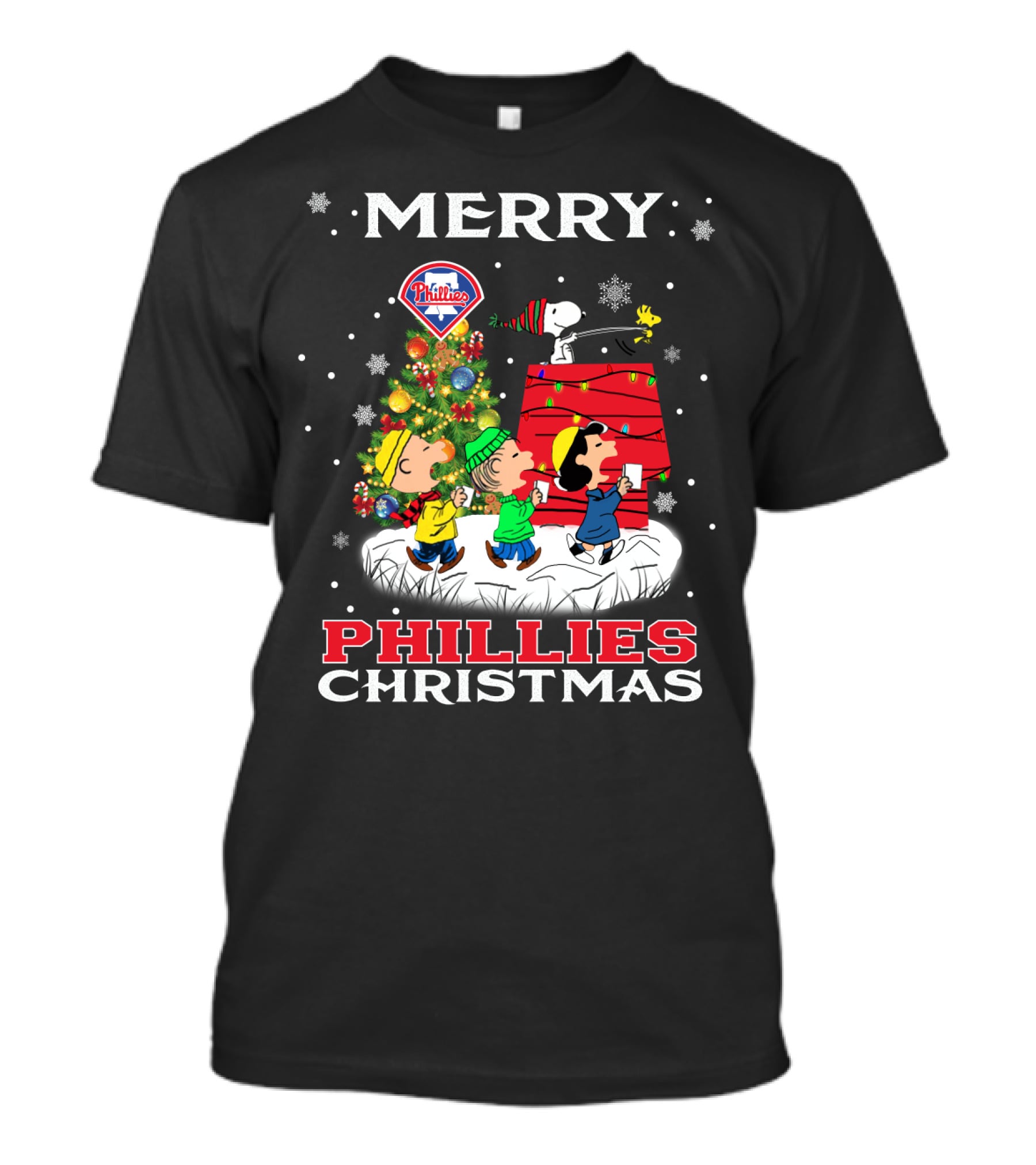 Merry Phillies Christmas Snoopy And Friends By Christmas Tree With Philadelphia Phillies T-Shirt