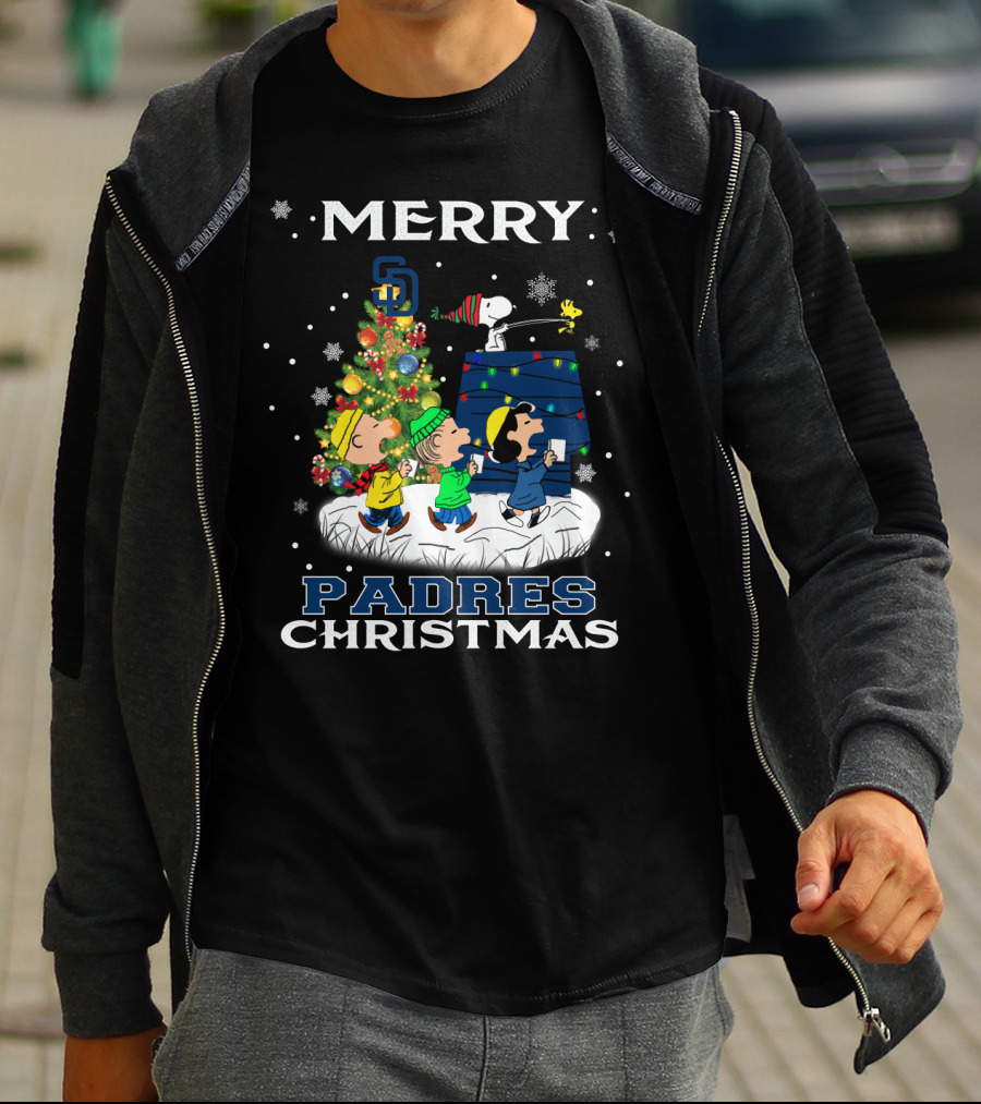 Merry San Diego Padres Christmas Featuring Snoopy And Peanuts Characters T-Shirt