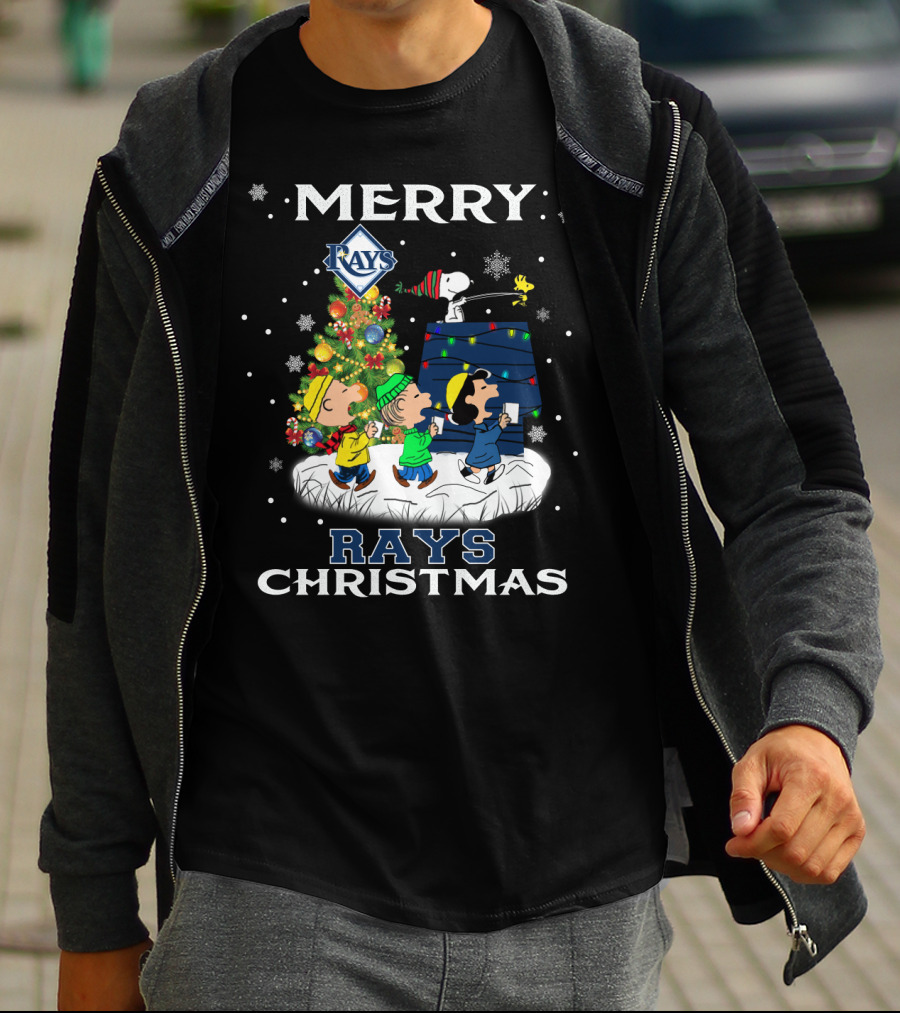 Merry Tampa Bay Rays Christmas Featuring Snoopy And Peanuts Characters T-Shirt