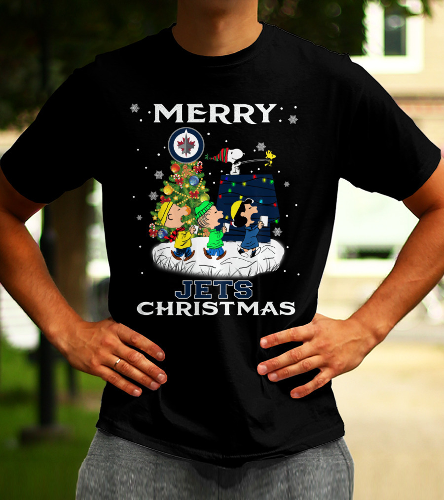 Merry Winnipeg Jets Christmas Featuring Snoopy And Peanuts Holiday Scene T-Shirt