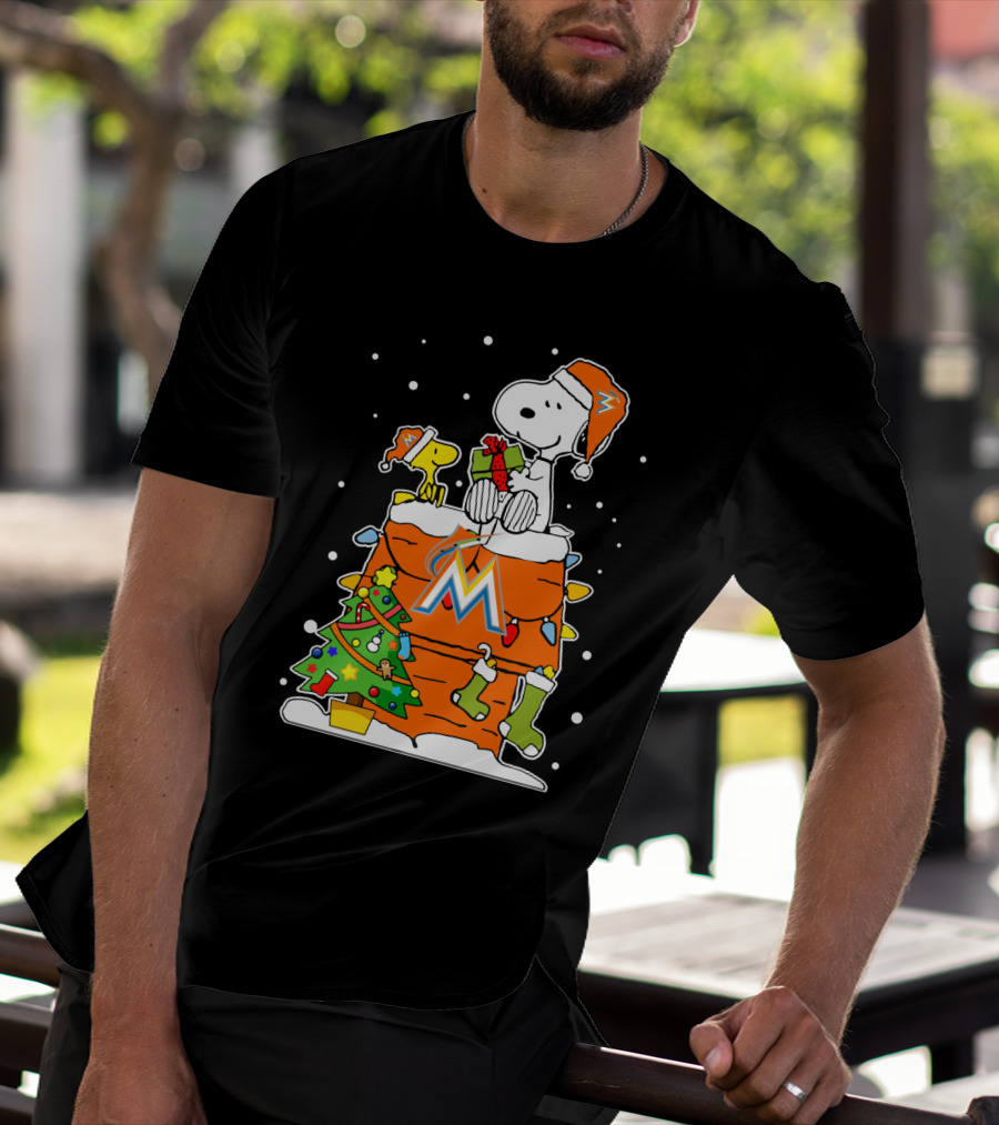 Miami Marlins Snoopy Christmas Holiday Scene With Gifts And Tree T-Shirt