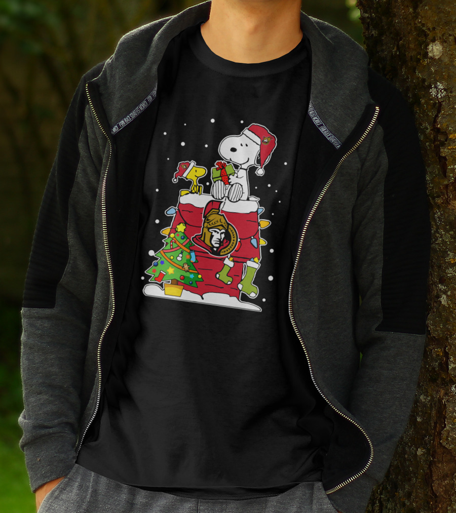 Ottawa Senators Snoopy Christmas Theme With Santa Hats And Presents T-Shirt