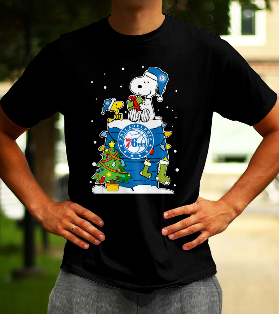 Philadelphia 76ers Snoopy Christmas Present With Tree And Woodstock T-Shirt