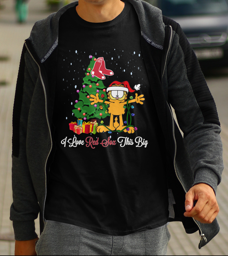 I Love Red Sox This Big Garfield Xmas Tree Santa Hat Presents Boston Fans T-Shirt