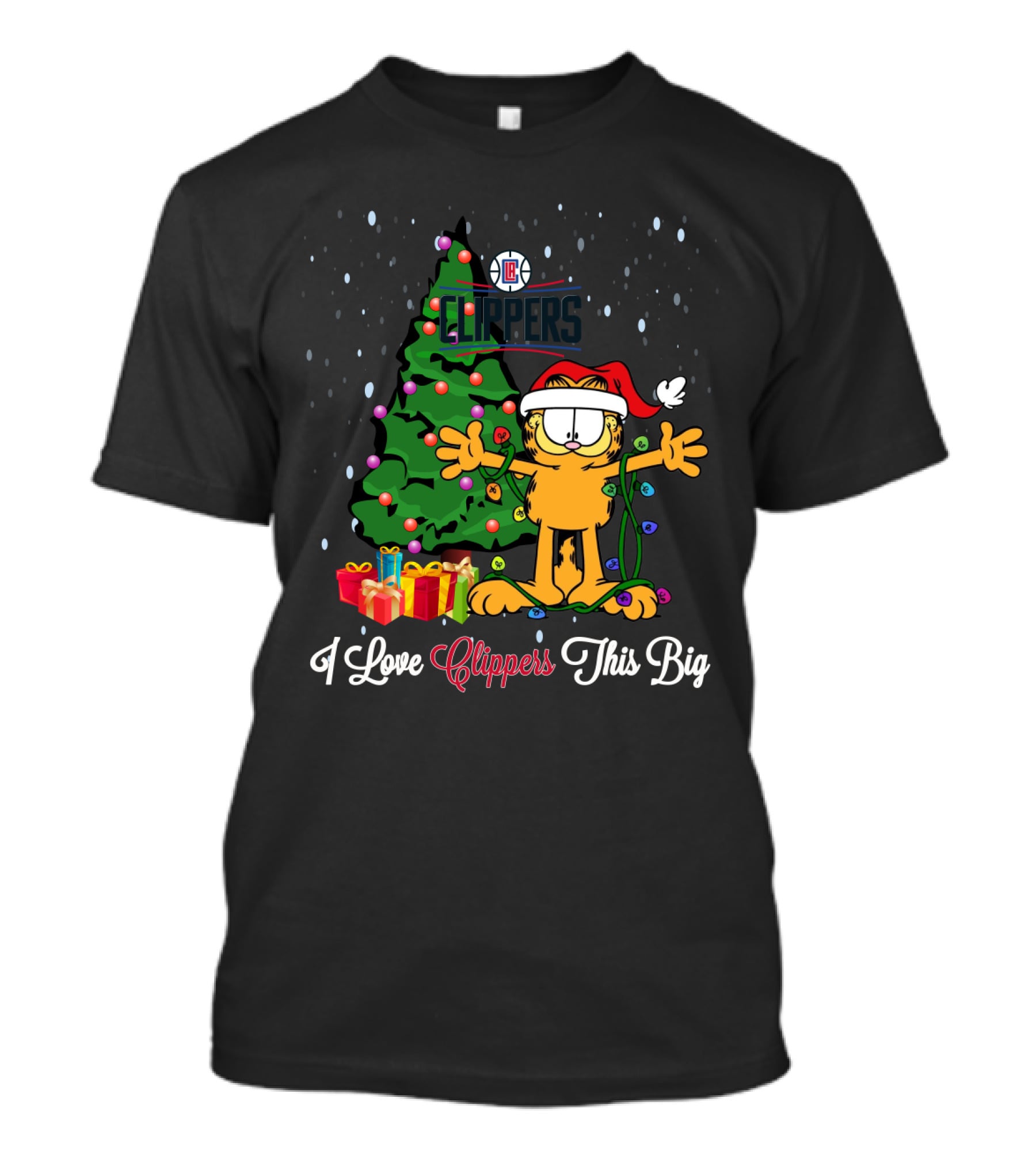 La Clippers Christmas Garfield With Tree And Gifts I Love Clippers This Big T-Shirt