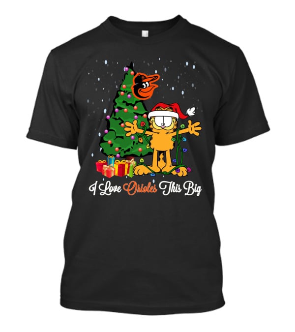 Garfield Christmas Love For Baltimore Orioles With Tree And Presents T-Shirt