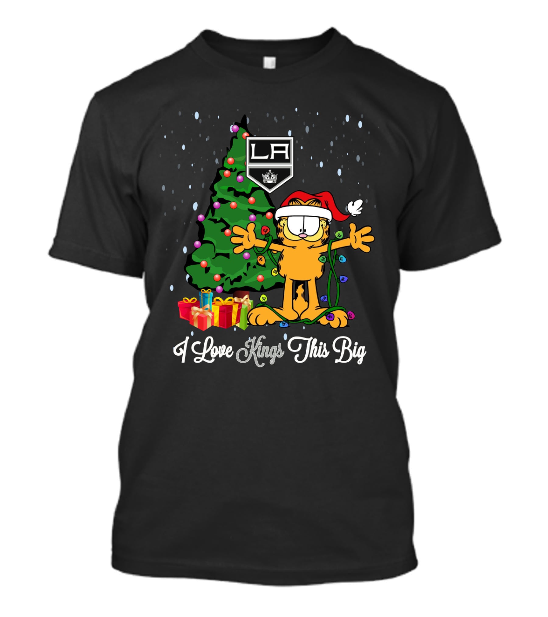 I Love Kings This Big Xmas Garfield Cat With Los Angeles Kings Logo And Christmas Tree T-Shirt