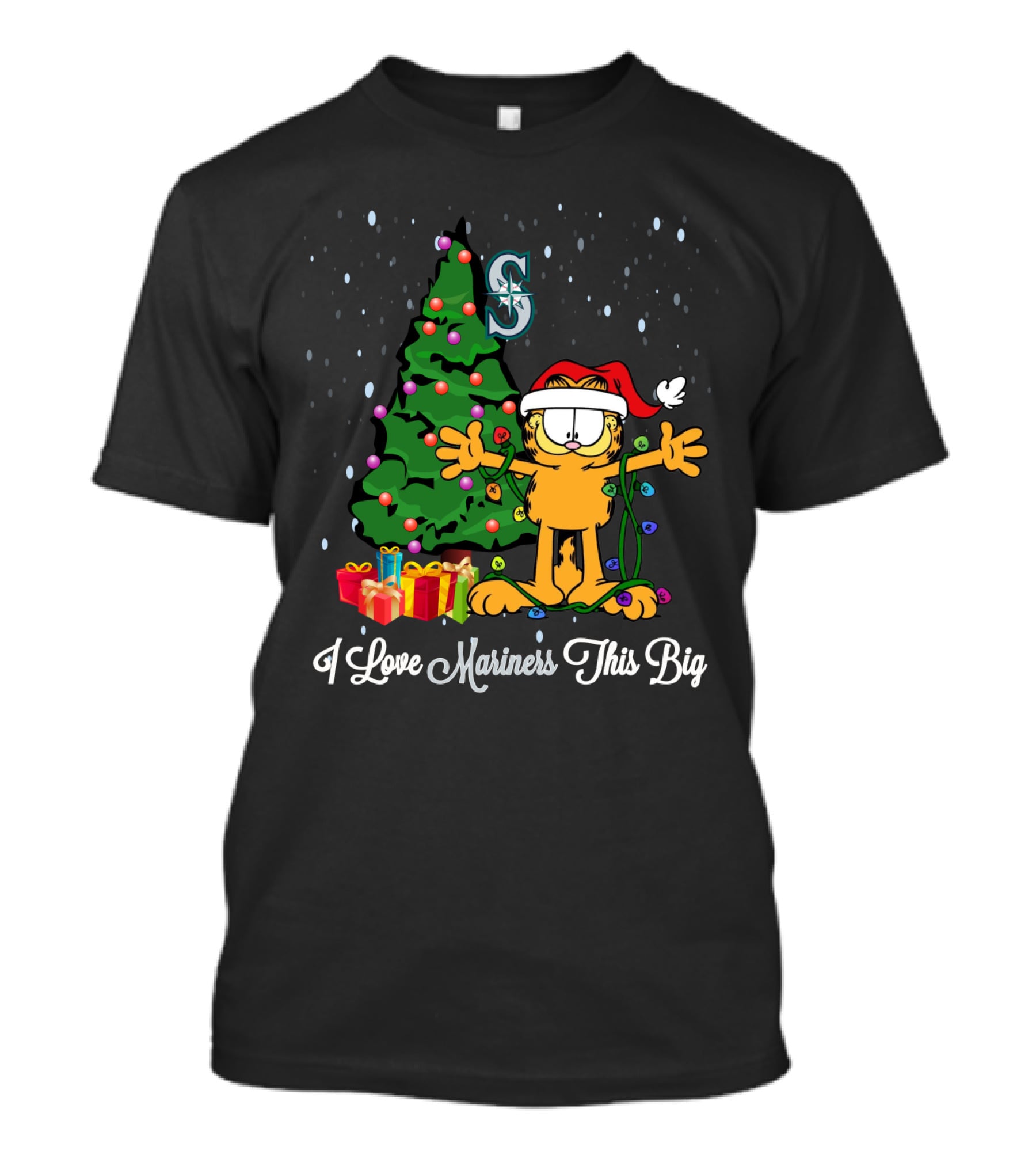 I Love Mariners This Big Garfield Santa Hat Seattle Mariners Christmas Tree T-Shirt