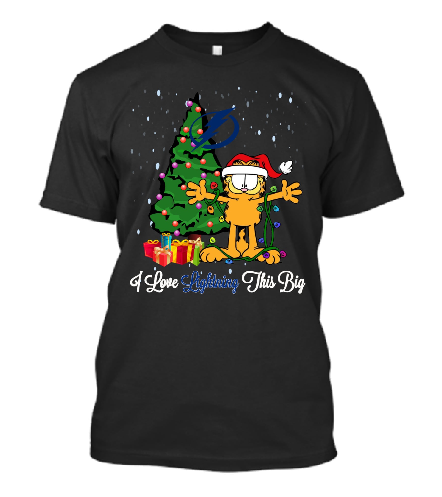 I Love Lightning This Big Christmas Garfield Cat Tampa Bay Lightning Tree Presents T-Shirt