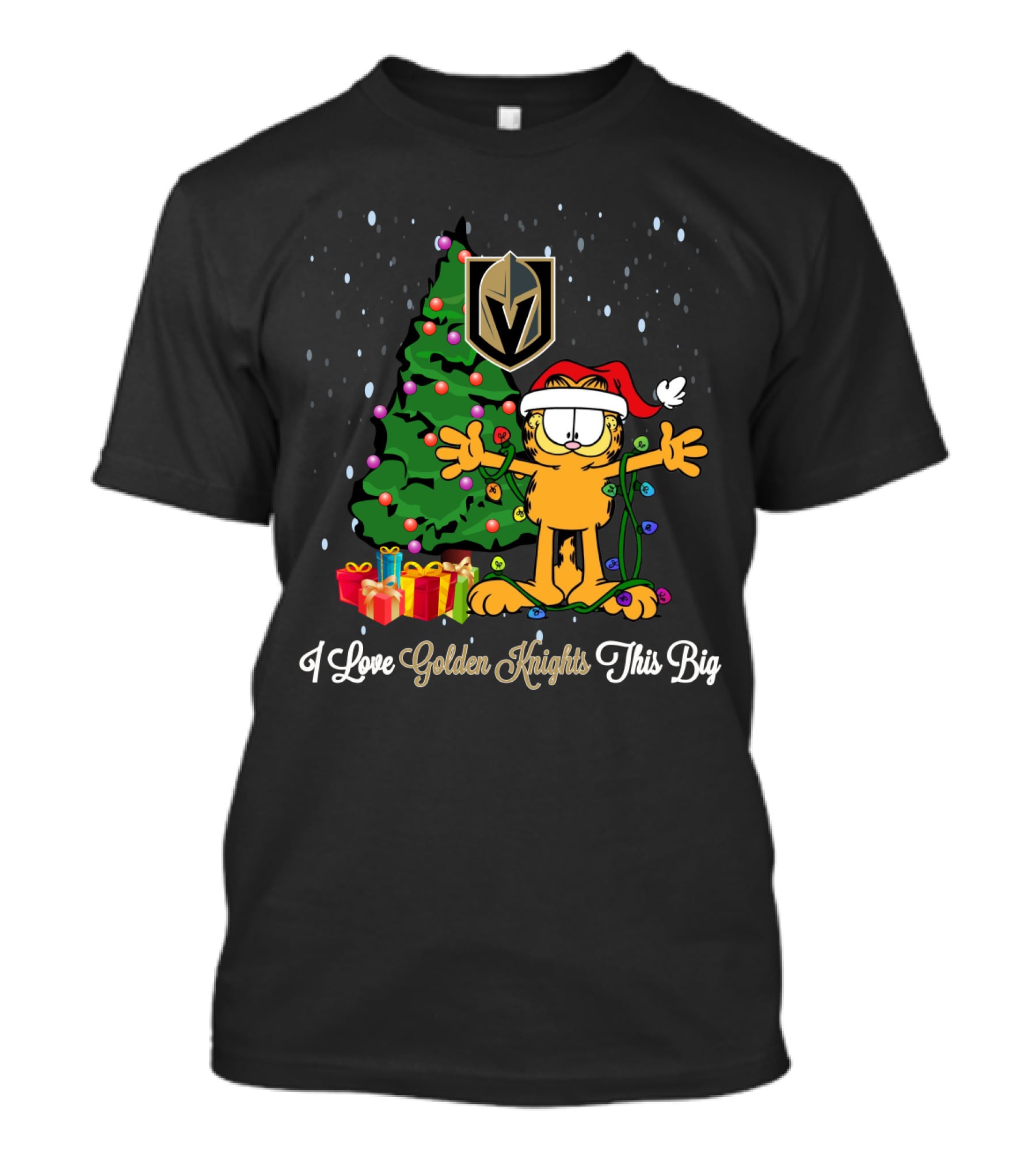 I Love Golden Knights This Big Xmas Tree Garfield Santa Hat Christmas Gifts T-Shirt