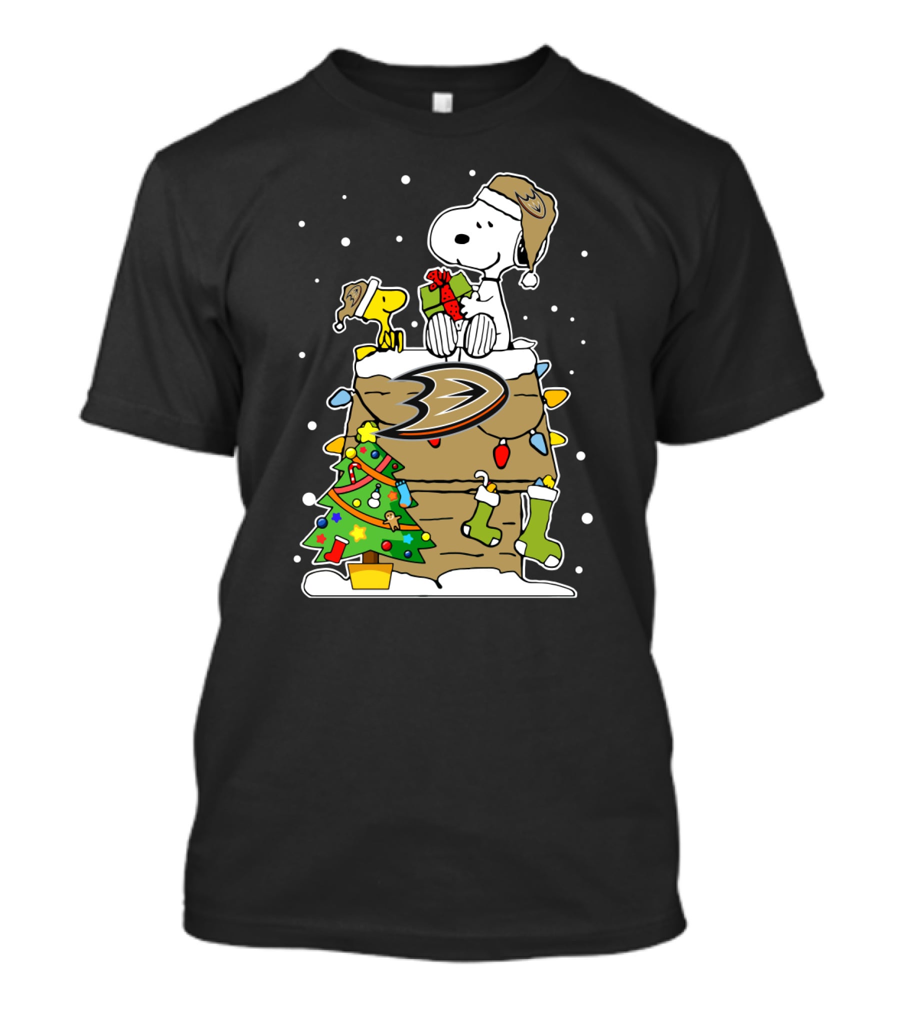Anaheim Ducks Christmas Snoopy And Woodstock With Gifts T-Shirt