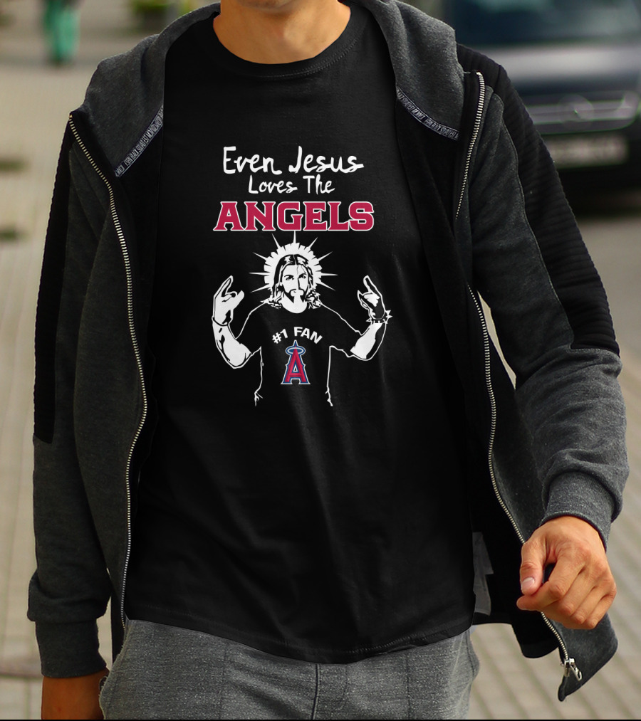 Even Jesus Loves The Los Angeles Angels #1 Fan With Halo And Hand Gestures T-Shirt
