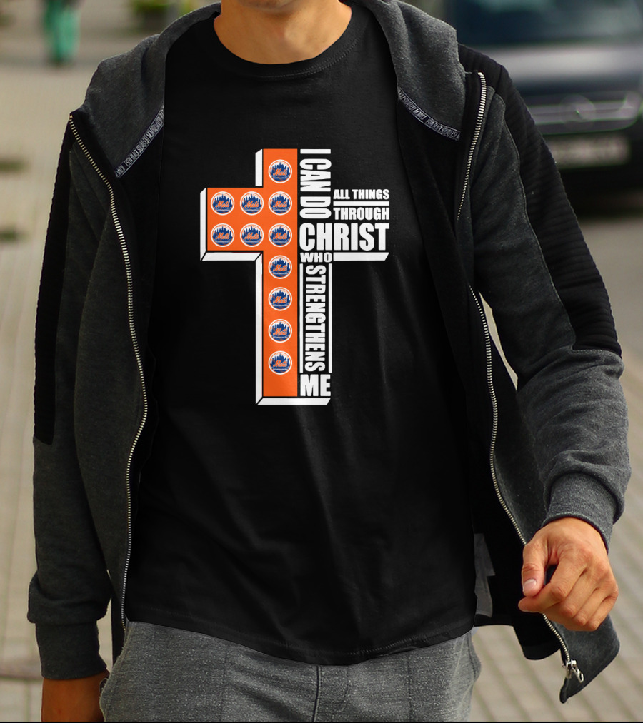 New York Mets I Can Do All Things Through Christ Who Strengthens Me Logos Cross T-Shirt