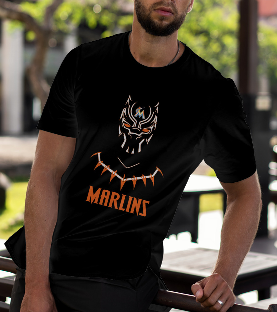 Miami Marlins Black Panther Mashup With Marlins Text And Mask T-Shirt