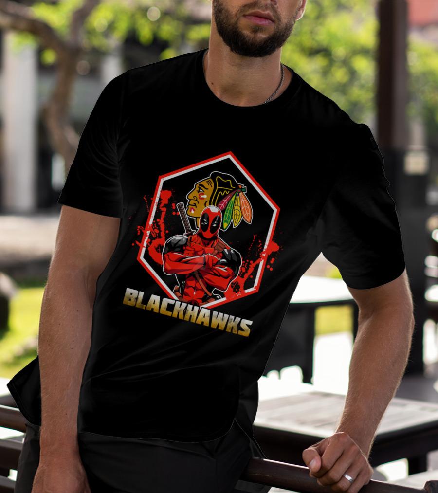 Deadpool With Chicago Blackhawks Logo Embrace T-Shirt