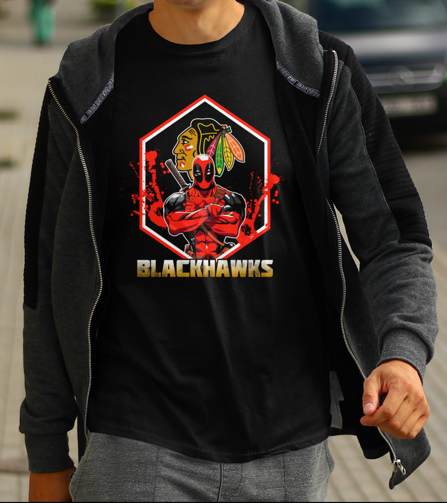 Deadpool With Chicago Blackhawks Logo Embrace T-Shirt