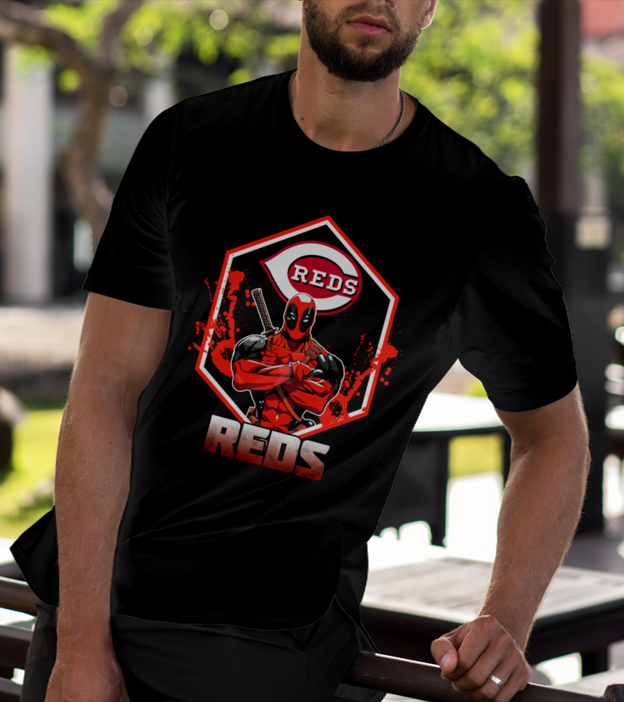 Deadpool With Cincinnati Reds Logo And Sword-Crossed Arms In Iconic Red And Black T-Shirt