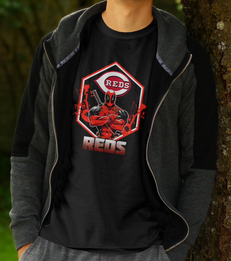 Deadpool With Cincinnati Reds Logo And Sword-Crossed Arms In Iconic Red And Black T-Shirt