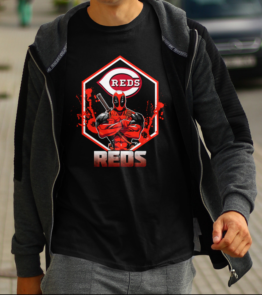 Deadpool With Cincinnati Reds Logo And Sword-Crossed Arms In Iconic Red And Black T-Shirt