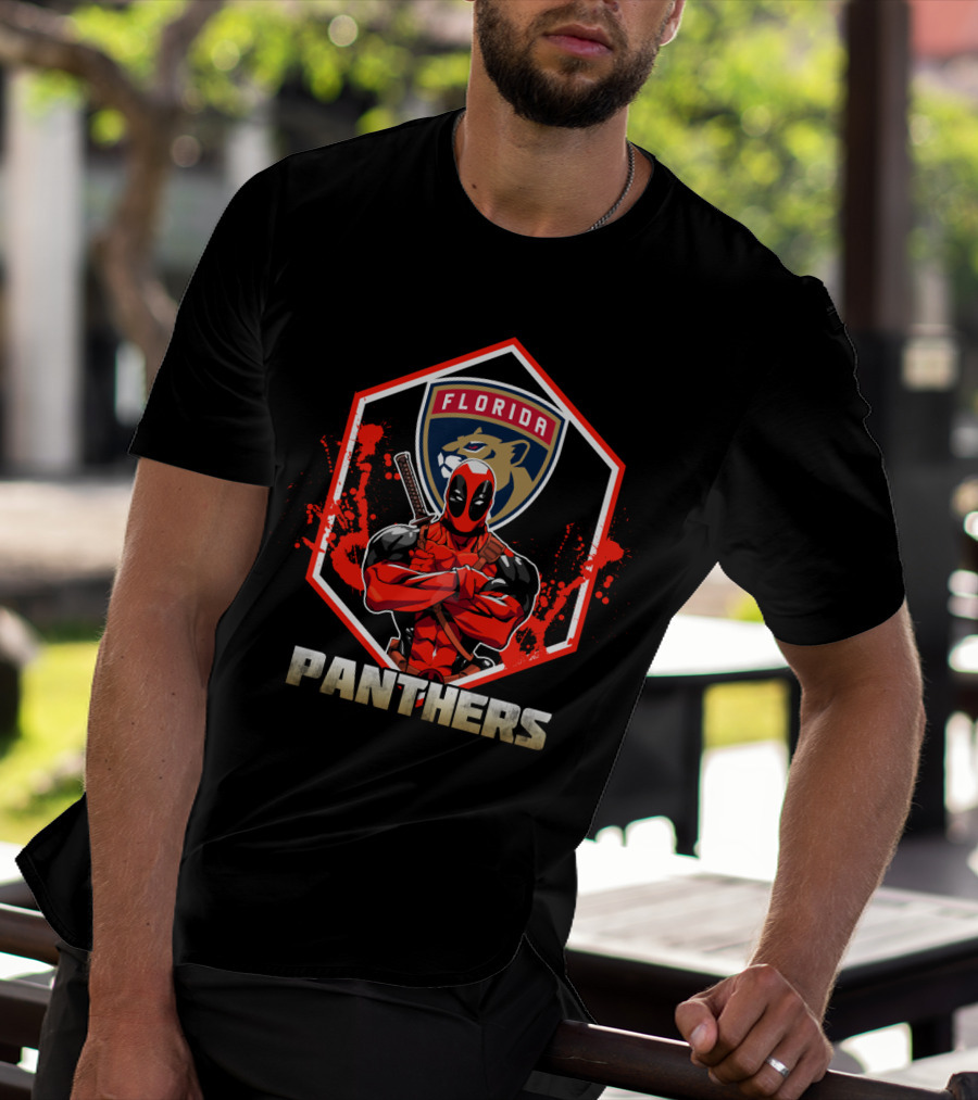 Deadpool Florida Panthers Crossover Featuring Iconic Character And NHL T-Shirt