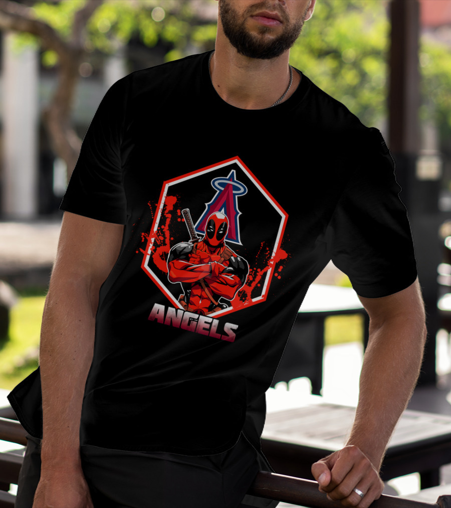 Deadpool Crossed Arms With Los Angeles Angels Baseball Logo Background T-Shirt