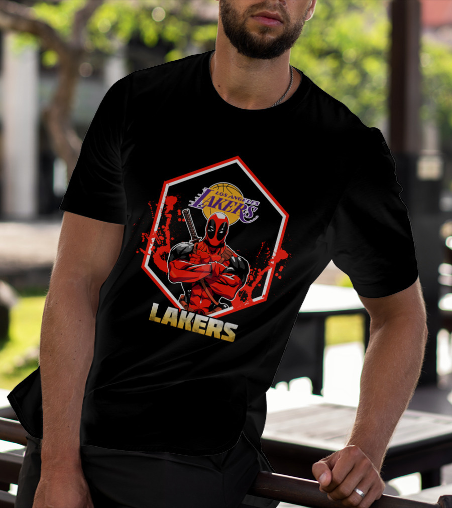 Deadpool Standing With Los Angeles Lakers Logo And Basketball T-Shirt