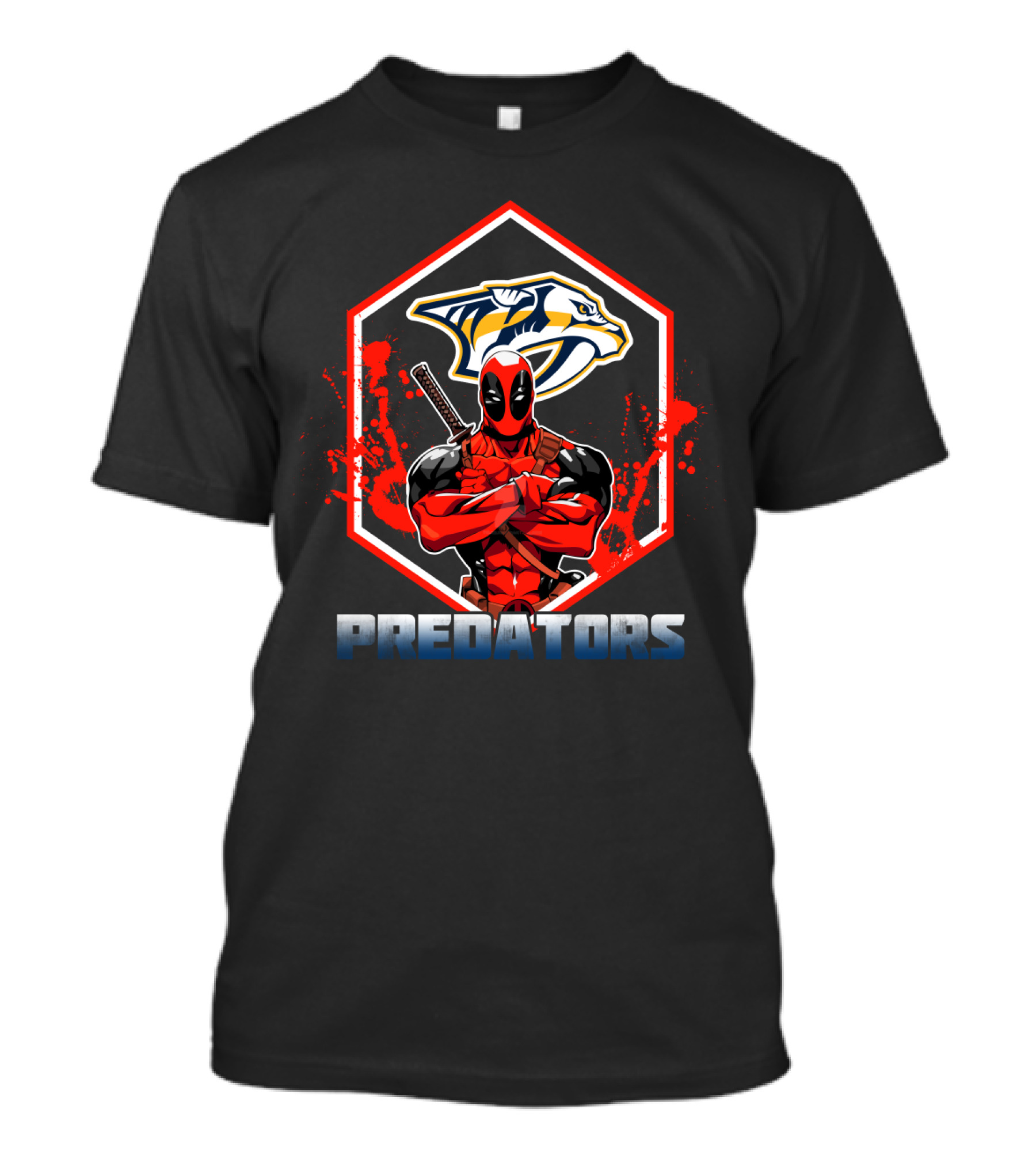 Deadpool Crossing Arms In Front Of Nashville Predators Logo With Red Splatter Background T-Shirt