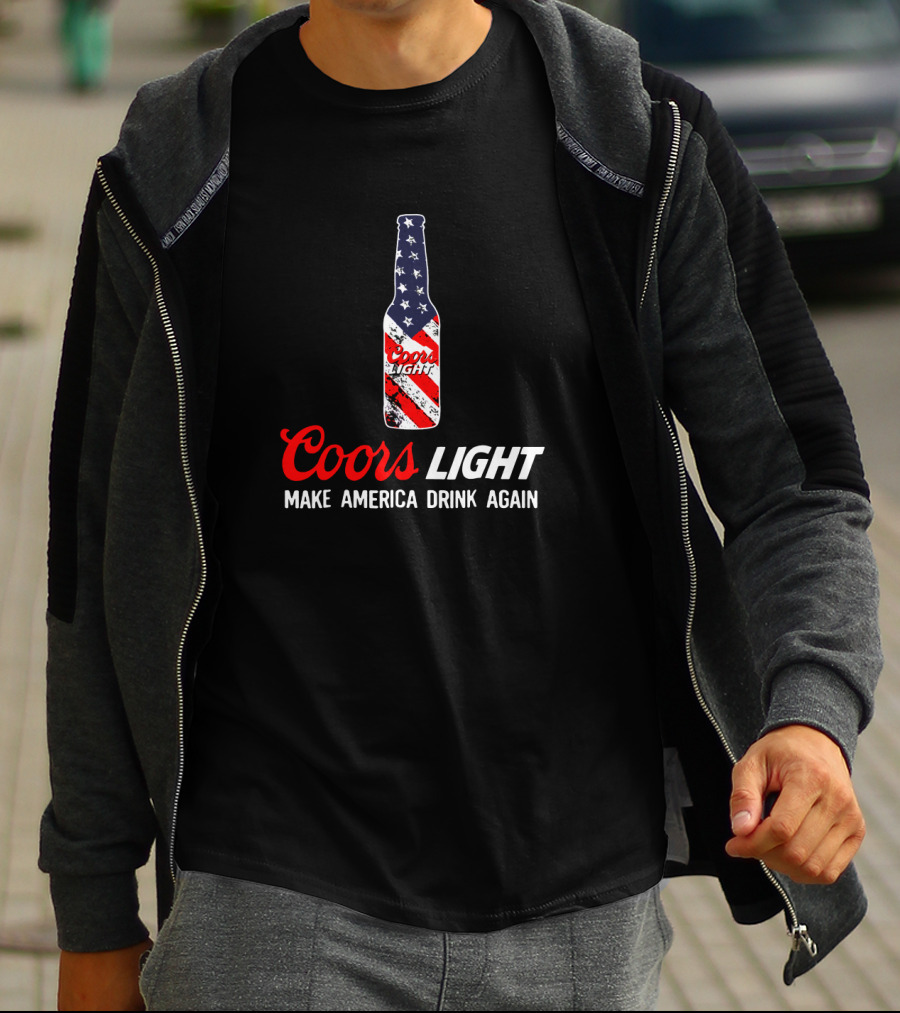 Coors Light Bottle With American Flag Make America Drink Again T-Shirt