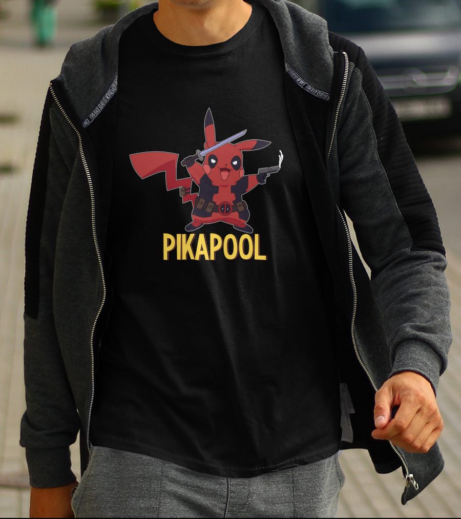Pikapool Mashup Of Pikachu Deadpool Crossover Character With Sword And Pistol T-Shirt