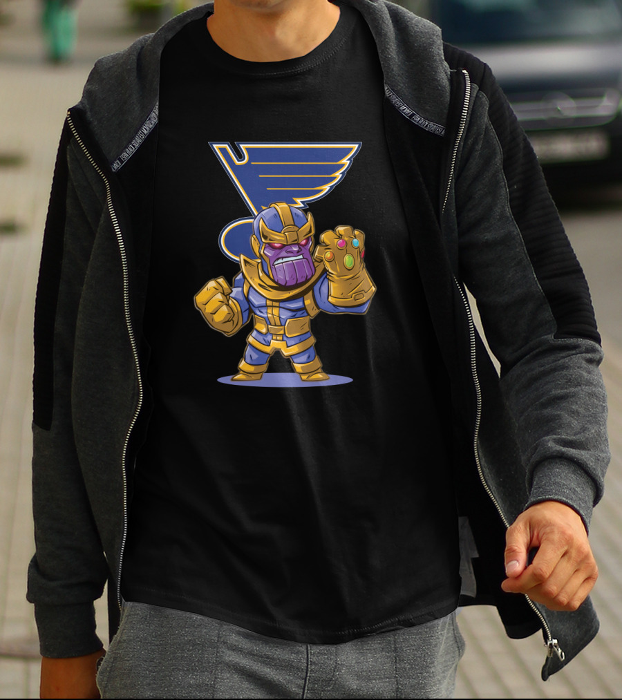 Thanos Holding Infinity Gauntlet With St. Louis Blues Hockey Team T-Shirt