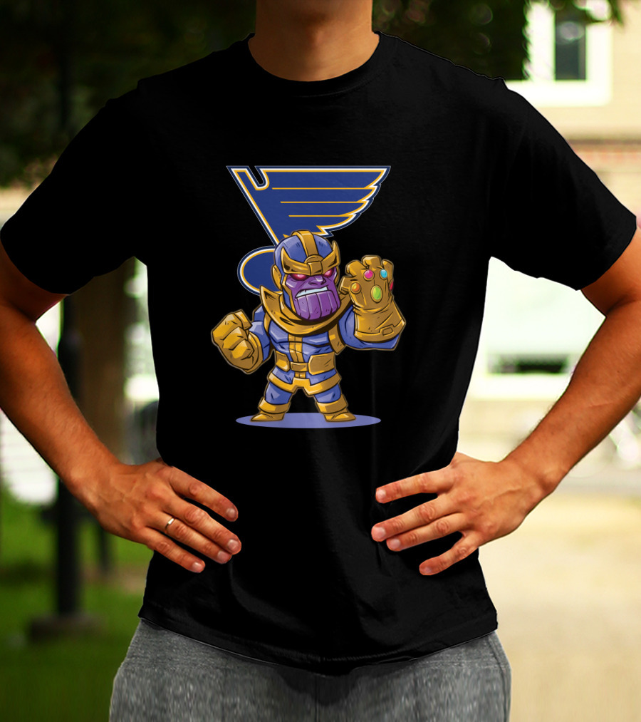 Thanos Holding Infinity Gauntlet With St. Louis Blues Hockey Team T-Shirt