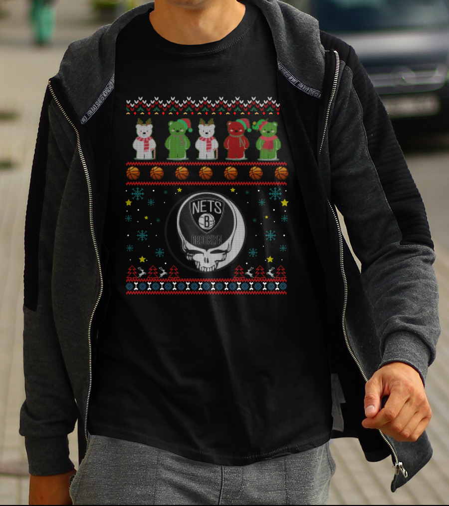 Brooklyn Nets Grateful Dead Bears Christmas Basketball T-Shirt