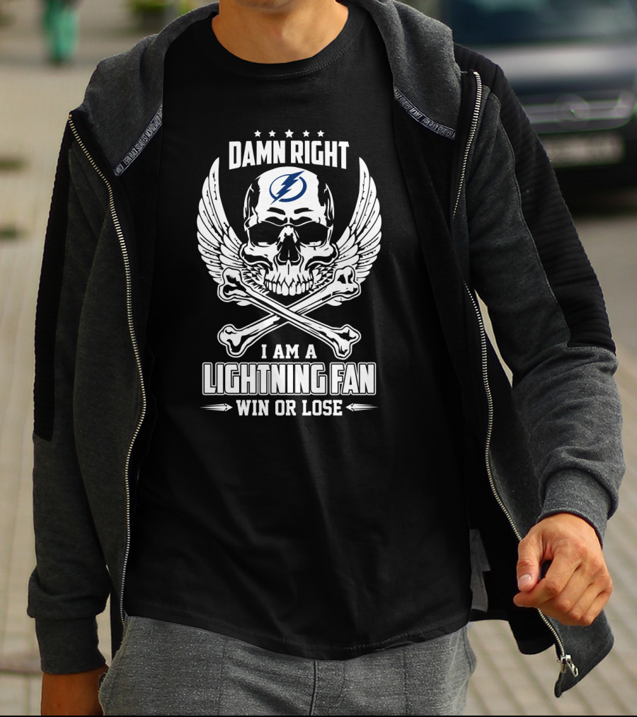 Damn Right I Am A Tampa Bay Lightning Fan Win Or Lose Skull With Wings T-Shirt