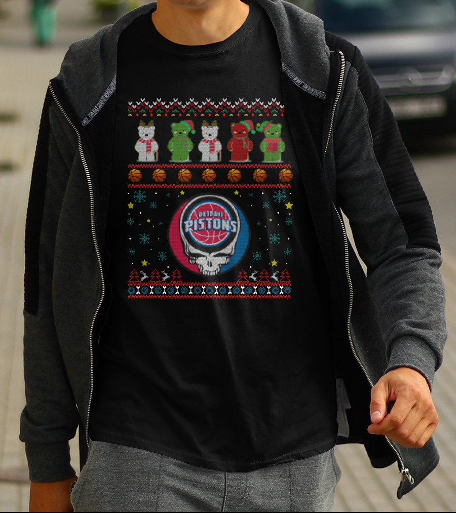 Detroit Pistons Grateful Dead Bears Xmas Sweater Logos T-Shirt