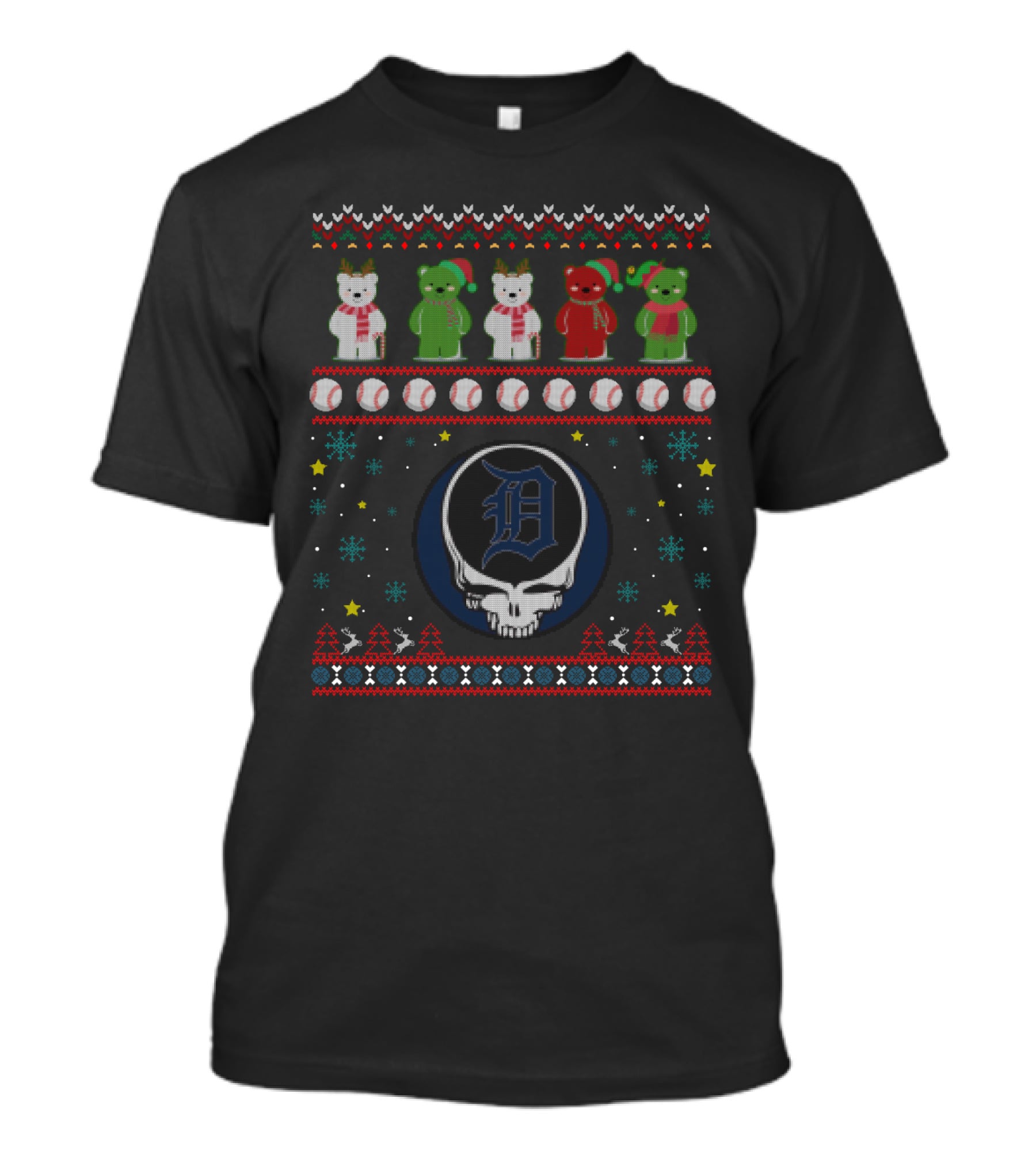 Detroit Tigers Bears Grateful Dead Ugly Christmas Sweater Baseball T-Shirt