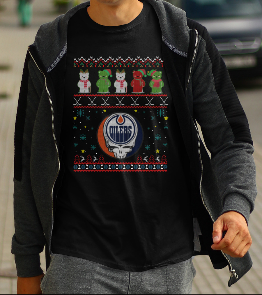 Edmonton Oilers Grateful Dead Bears Festive Knit T-Shirt
