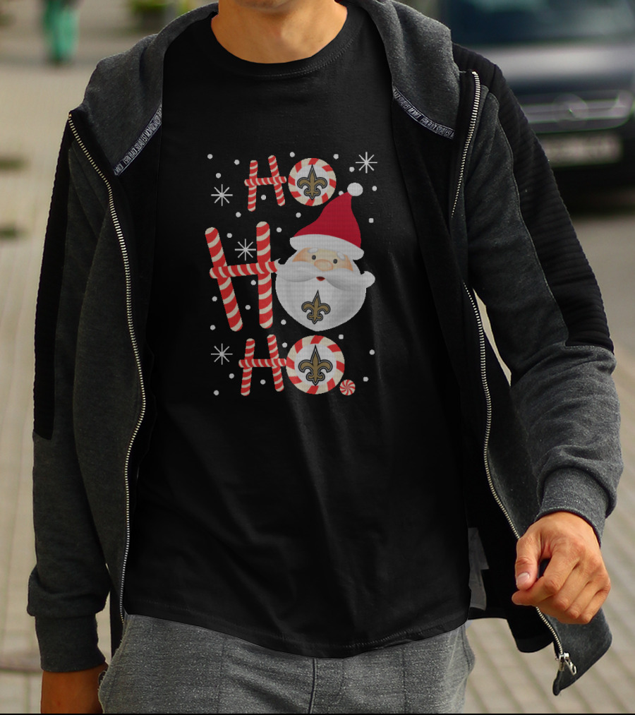 Ho Ho Ho Xmas New Orleans Saints Fans Fleur-De-Lis Santa Hat Candy Cane T-Shirt