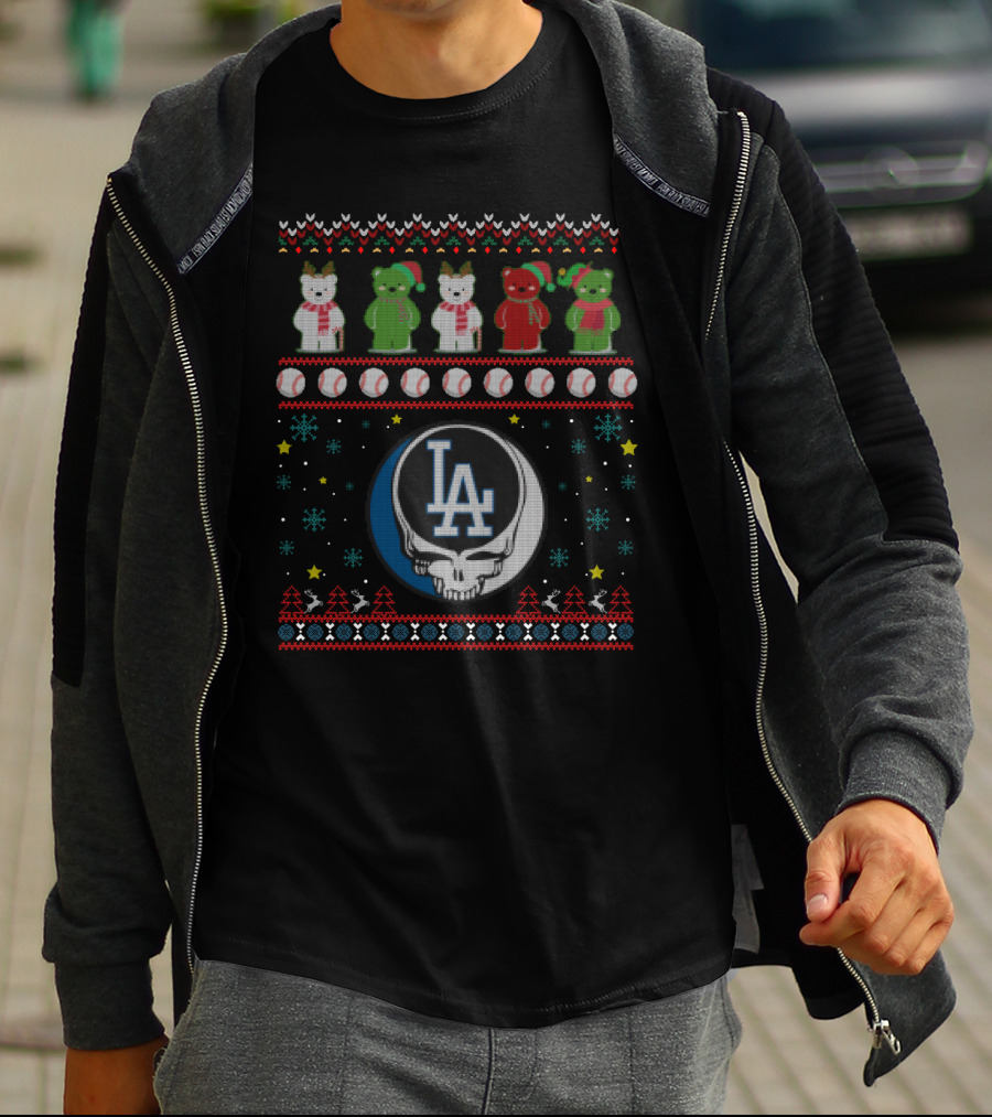 Los Angeles Dodgers Grateful Dead Bears Christmas Baseball T-Shirt