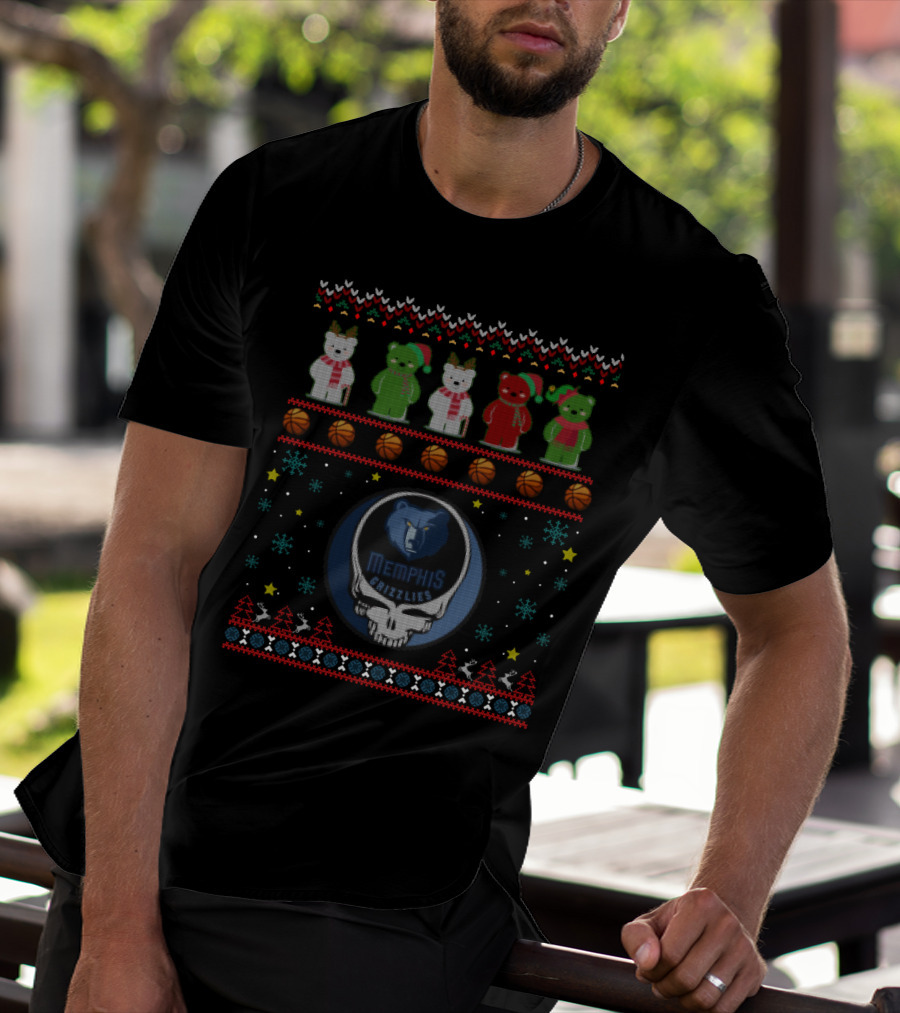 Memphis Grizzlies Bears Grateful Dead Christmas Themed Knit T-Shirt