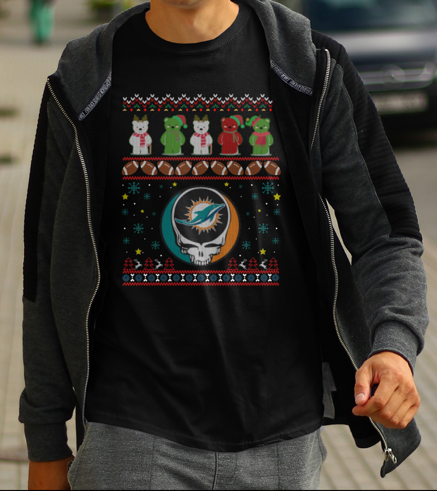 Miami Dolphins Grateful Dead Bears Christmas Football T-Shirt