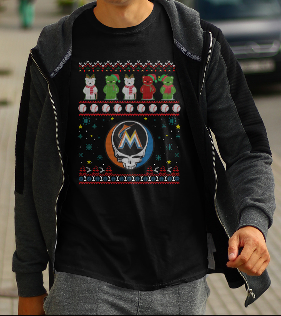 Miami Marlins Grateful Dead Bears Holiday Baseball Mashup T-Shirt