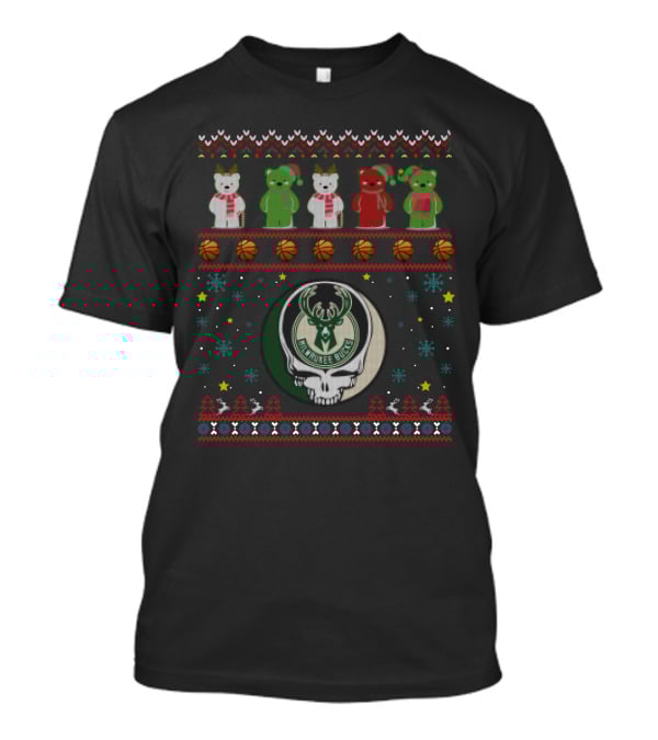 Milwaukee Bucks Grateful Dead Bears Christmas Sweater Style T-Shirt