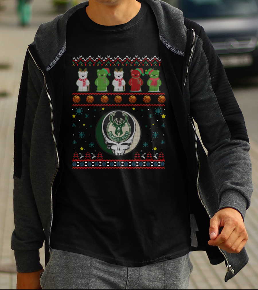 Milwaukee Bucks Grateful Dead Bears Christmas Sweater Style T-Shirt