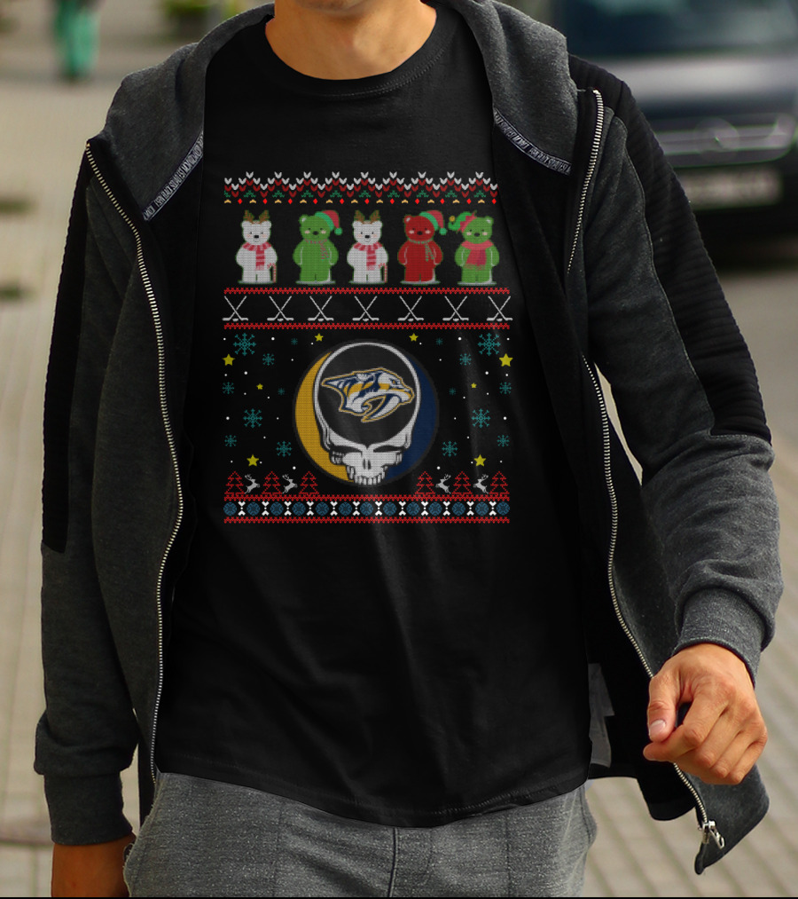 Nashville Predators Grateful Dead Bears Holiday Skull T-Shirt
