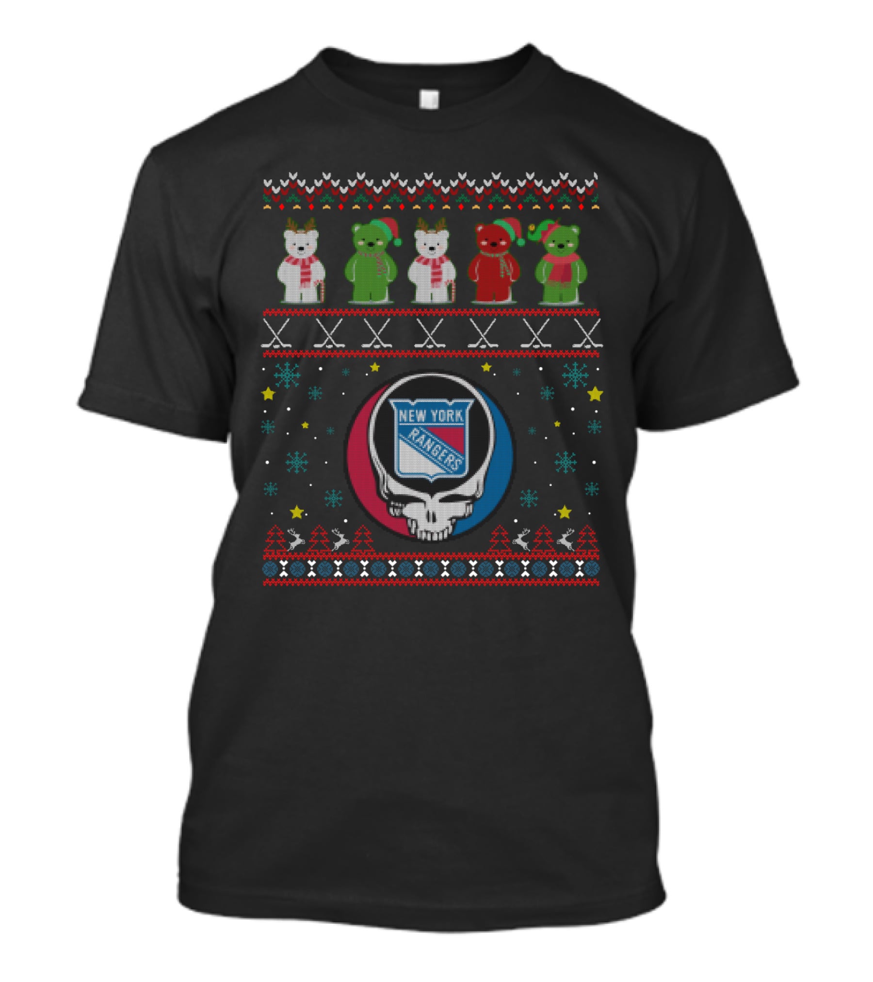 New York Rangers Grateful Dead Bears Holiday Sweater Motif T-Shirt