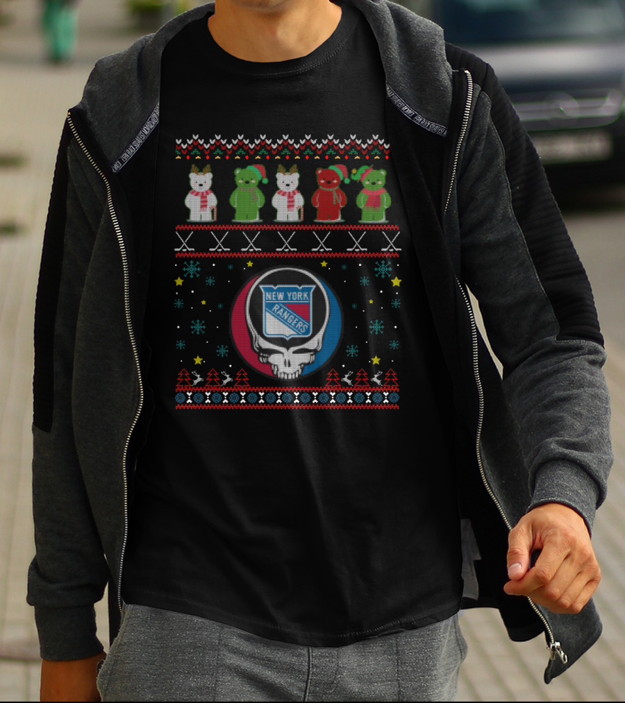 New York Rangers Grateful Dead Bears Holiday Sweater Motif T-Shirt