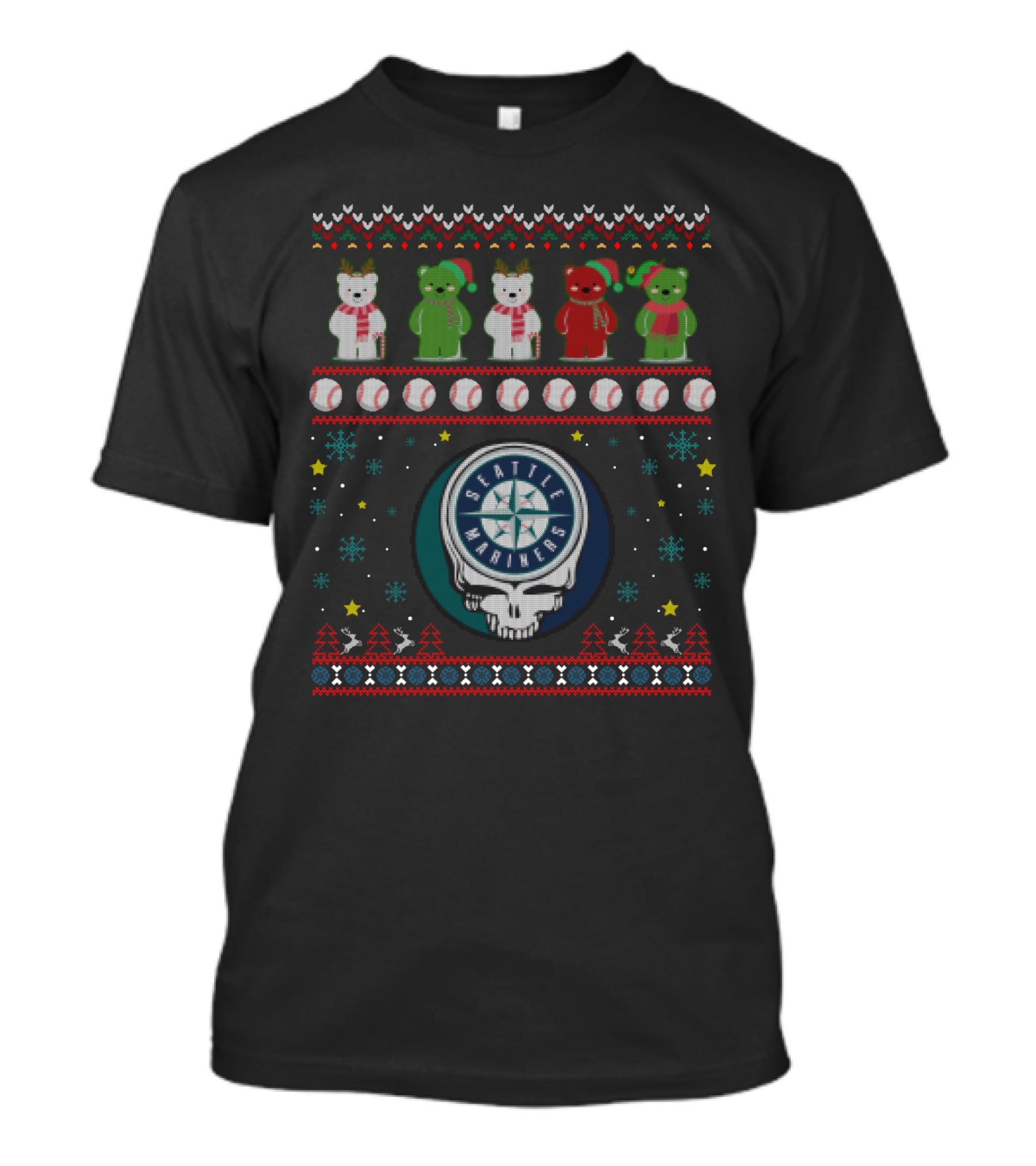Seattle Mariners Bears Grateful Dead Steal Your Face Ugly Christmas T-Shirt