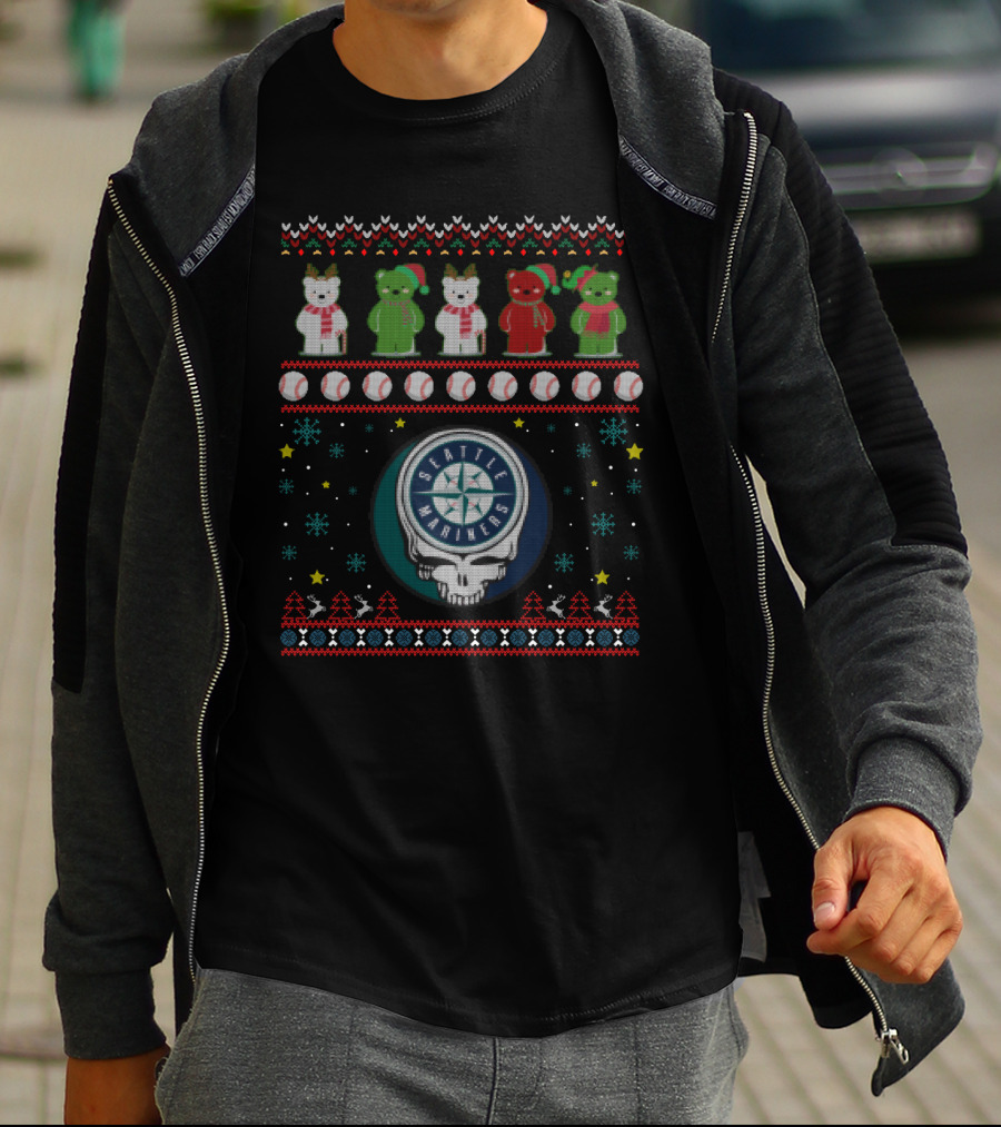 Seattle Mariners Bears Grateful Dead Steal Your Face Ugly Christmas T-Shirt