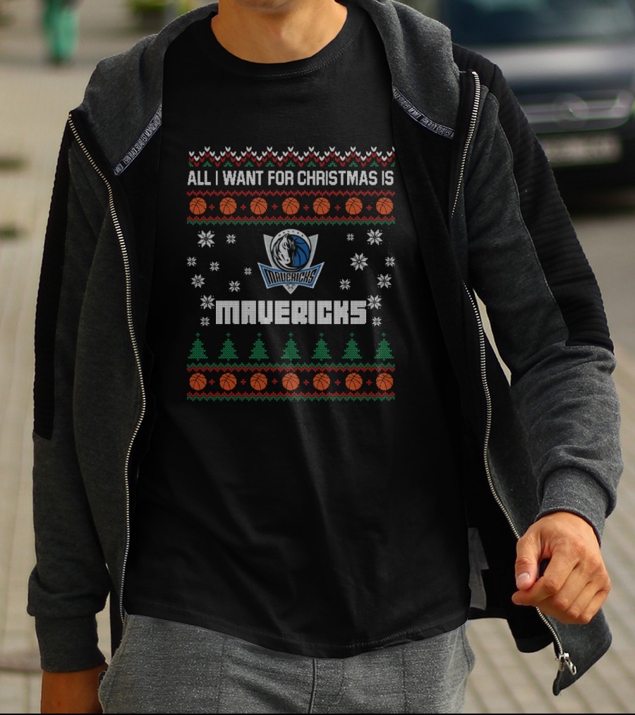All I Want For Christmas Is Mavericks Fans Ugly Christmas Sweater Snowflakes Basketball Trees T-Shirt